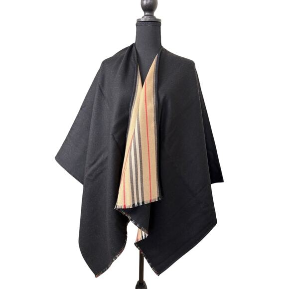 Burberry Black and Tan Icon Stripe Wool Reversible Cape - Picture 8 of 10